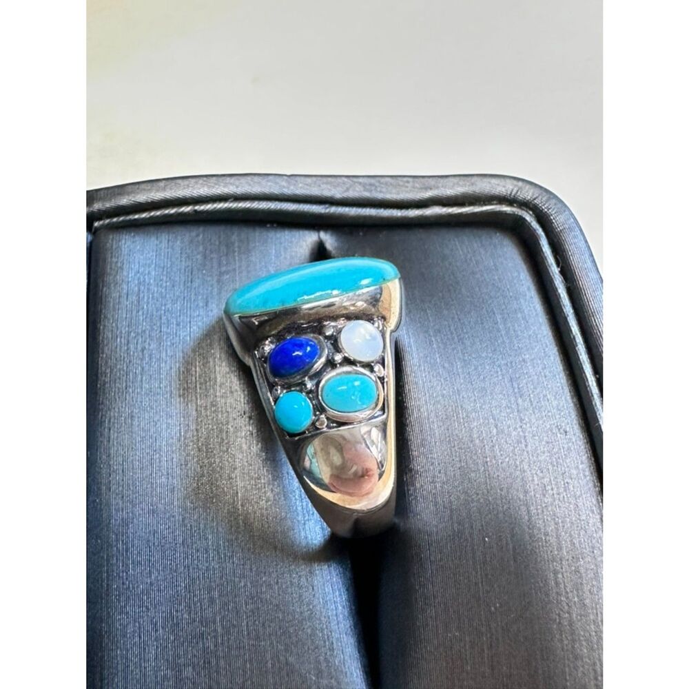 Beautiful Artisan Turquoise Lapis Mother of Pearl Sterling Silver Ring, Size 6 - Picture 7 of 10